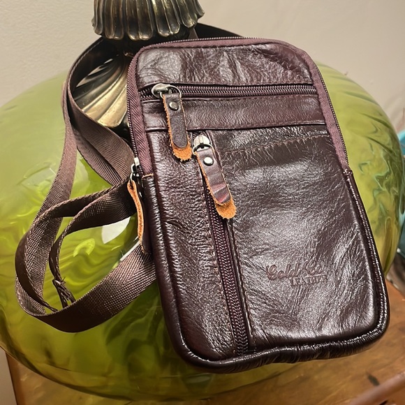 Mini Leather Purse Shoulder Bag Crossbody Bag Vintage Gold Brown Genuine Leather - Picture 2 of 4